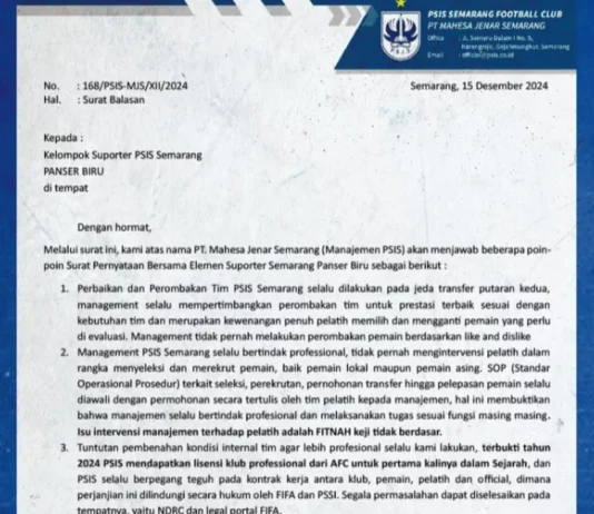 Manajemen PSIS Semarang Tegaskan Profesionalisme dan Tanggapi Isu Intervensi terhadap Pelatih